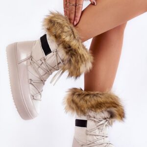 Damskie Śniegowce Z Futerkiem Sznurowane Beżowe Shannon : Rozmiar - 41