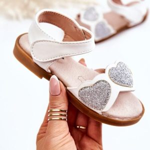 Dziecięce Skórzane Sandały Brokatowe Serduszka Białe Luisa : Rozmiar - 26