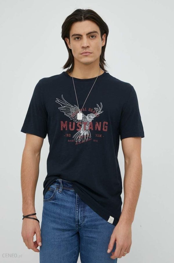 Mustang t-shirt bawełniany kolor granatowy z nadrukiem