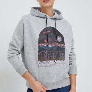 Scotch & Soda bluza bawełniana damska kolor szary z kapturem z nadrukiem