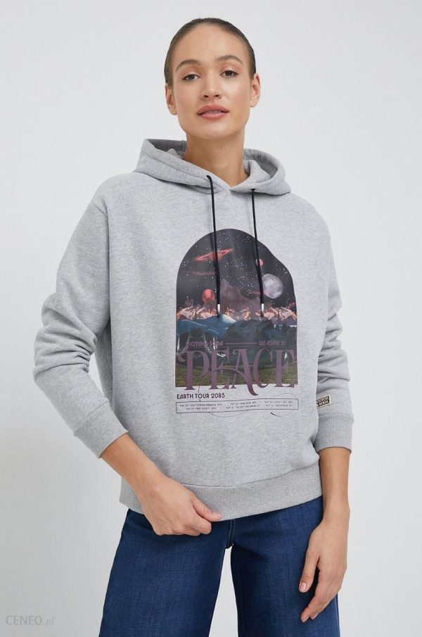 Scotch & Soda bluza bawełniana damska kolor szary z kapturem z nadrukiem