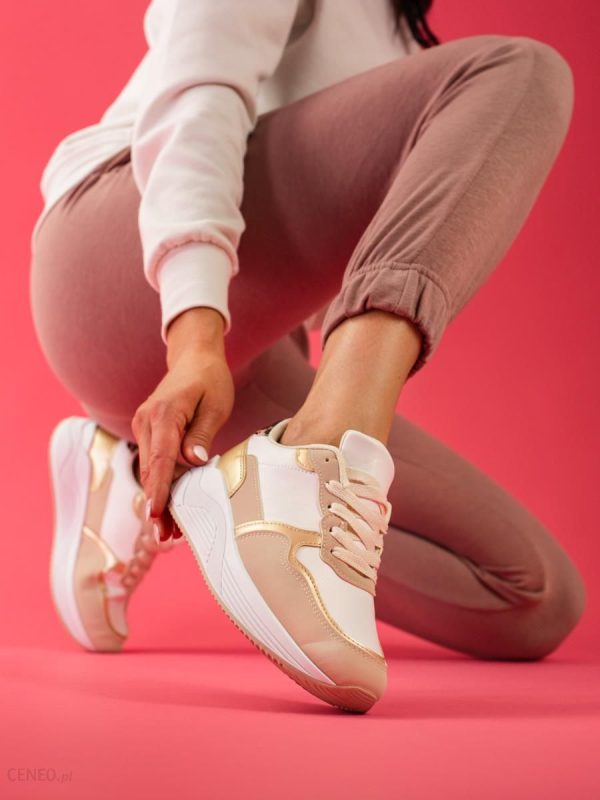 Sneakersy damskie Shelovet beżowo białe ze złotą wstawką