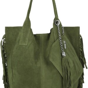 Włoska Torebka Skórzana Shopper Bag z Frędzlami renomowanej firmy Vittoria Gotti Zielona (kolory)