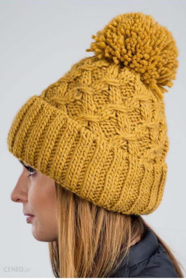 Wywijana zimowa czapka typu beanie z pomponem (Camel
